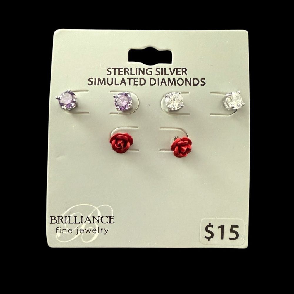 Brilliance Sterling Silver CZ Stud Earrings Set Purple Clear + Red Rose NWT